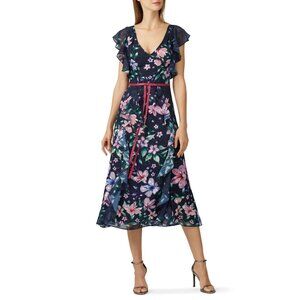 Marchesa Notte Blue Floral Chiffon Midi Gown Size 12 Flutter Sleeve Formal